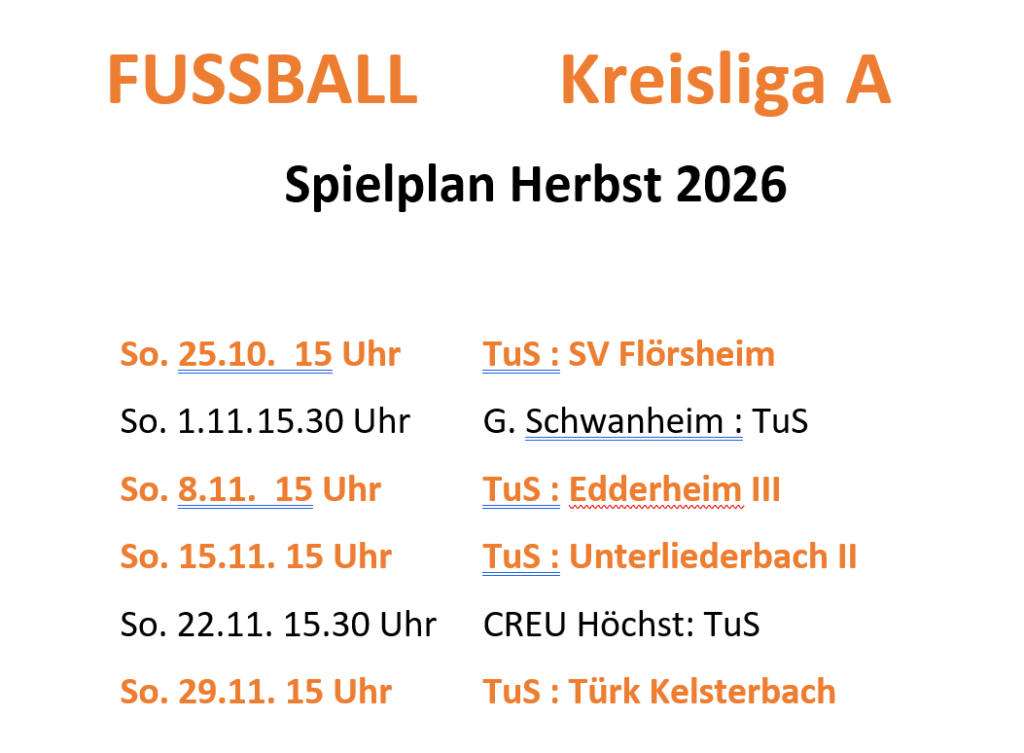 Spielplan Herbst 2026 1. Mannschaft TuS Niederjosbach